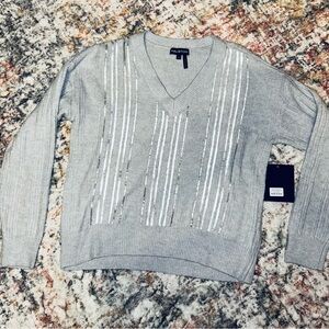Halston Gray V-Neck Sweater with Sequin Stripes